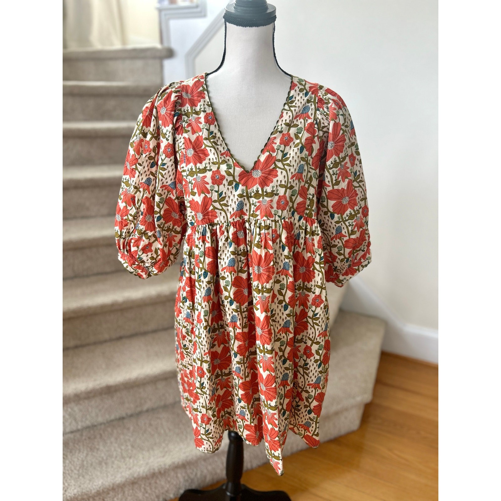 Gigio Cream Orange Olive Green Puff Sleeve Floral Block Print V-Neck Mini Dress