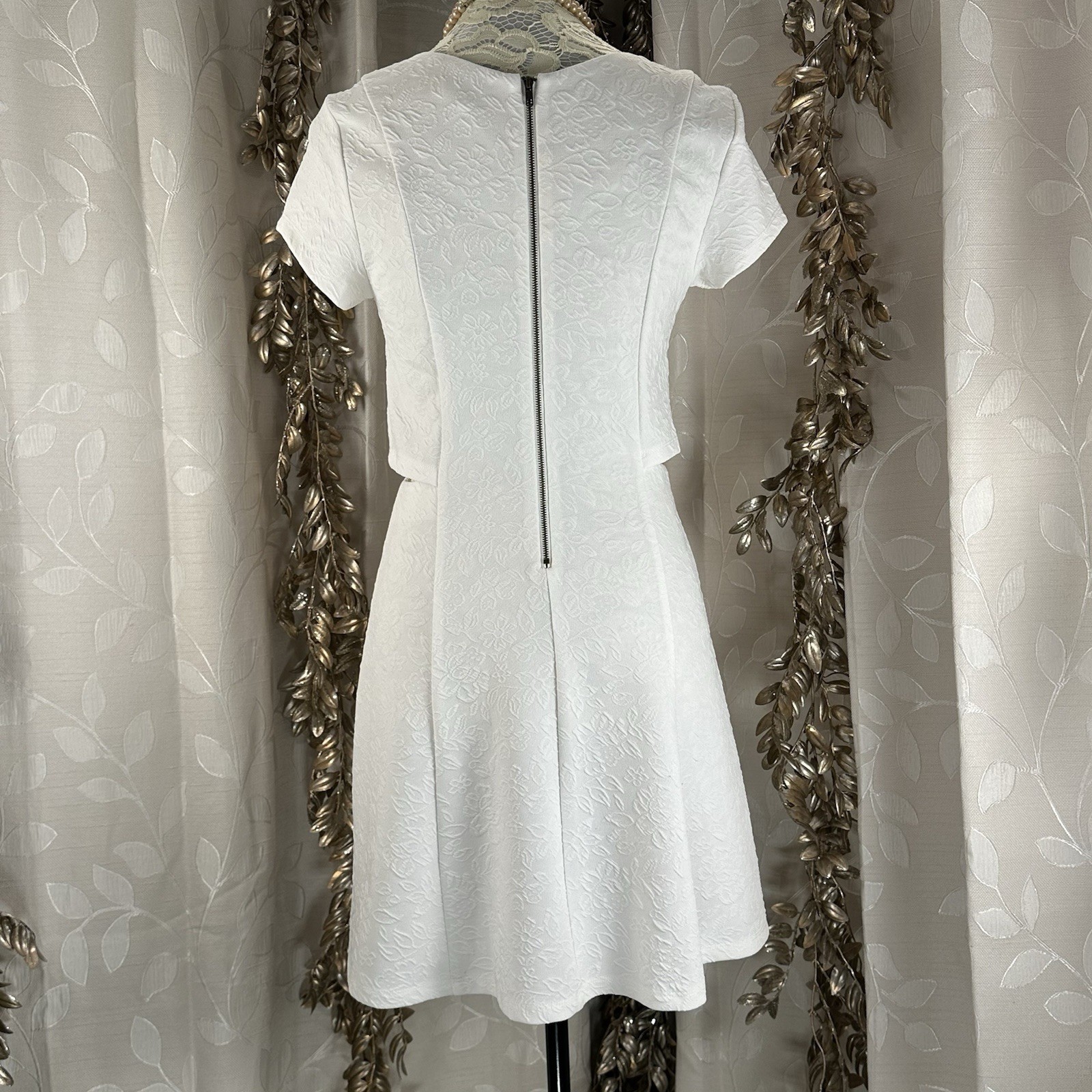 Hem & Thread White Jacquard Textured Fit & Flare Dress w/ Cutouts | Small