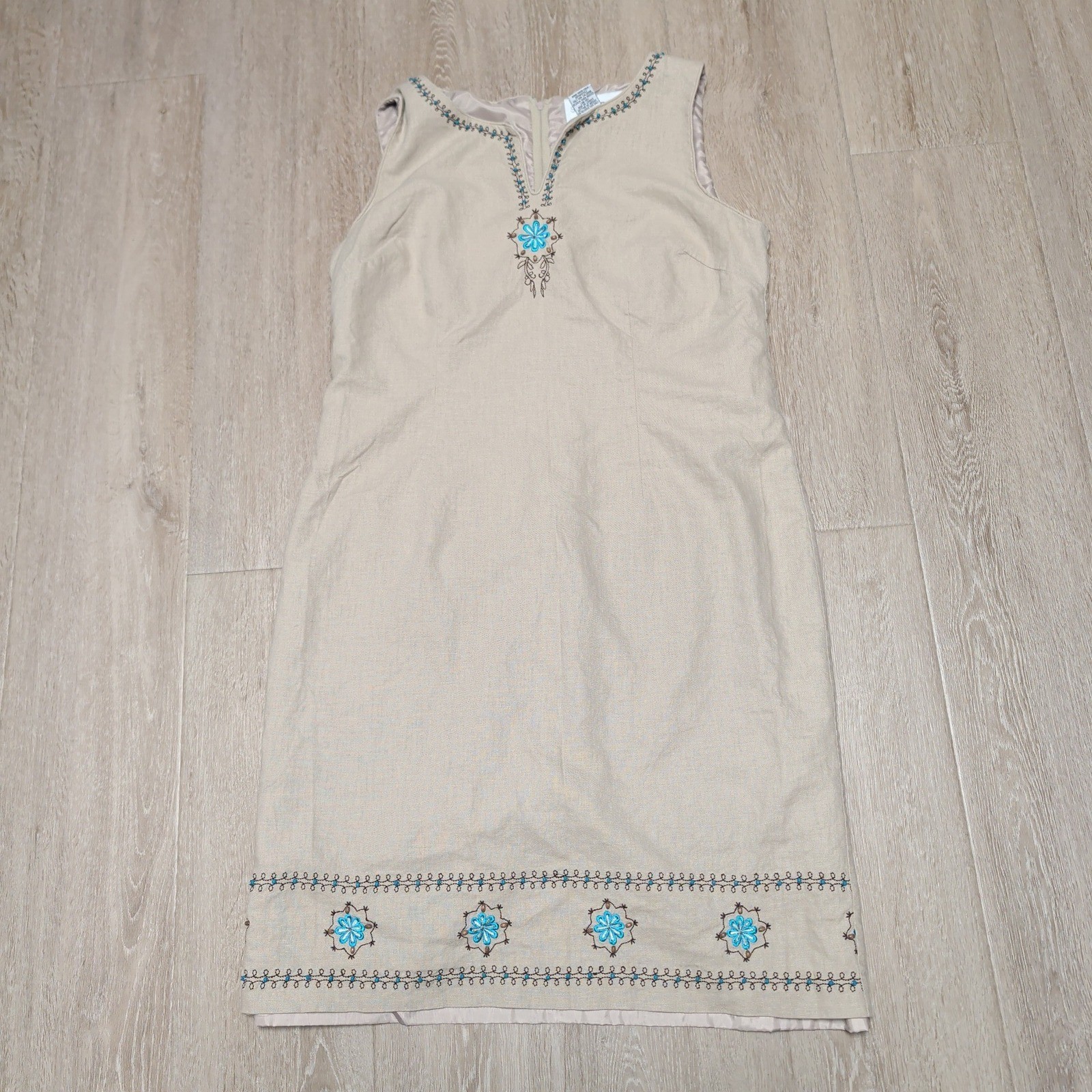 Sag Harbor Womens Linen Blend Beige Embroidered Turquoise Beaded Sheath Dress 14