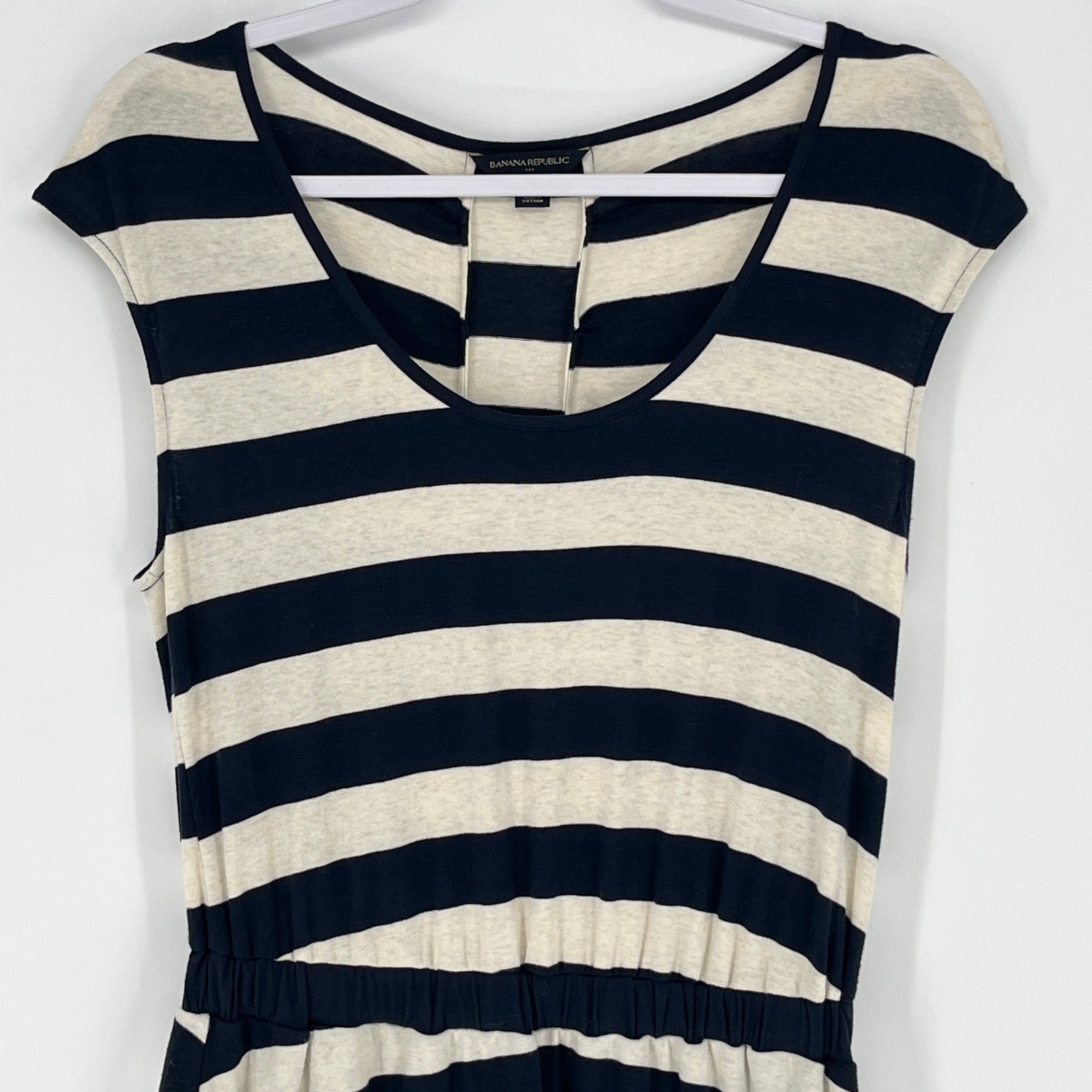 Banana Republic Navy Cream Striped Pima Cotton Fit & Flare Dress Small Preppy