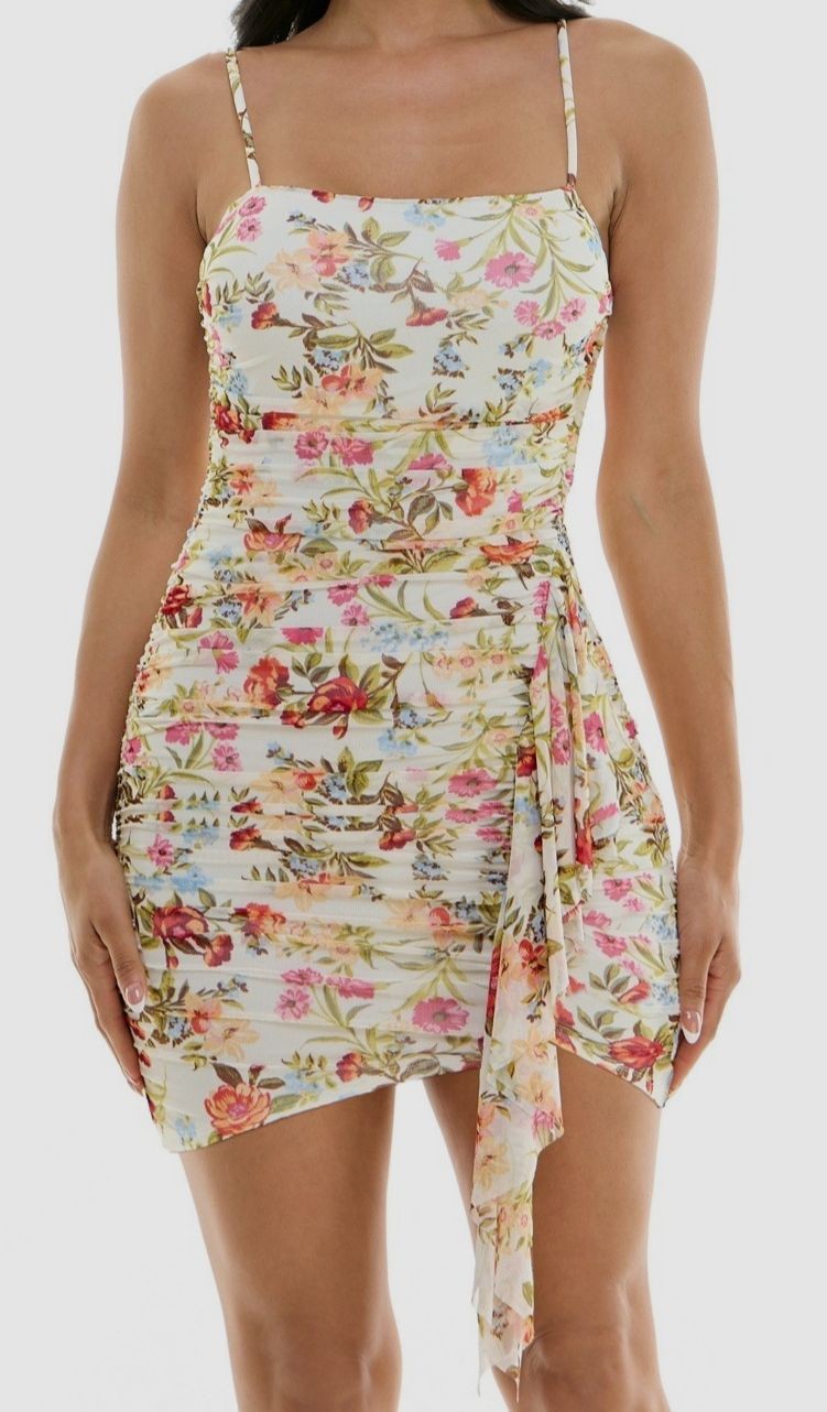 Kingston Grey Women’s Ivory Floral Ruched Mesh Bodycon Dress Junior Size 3/4