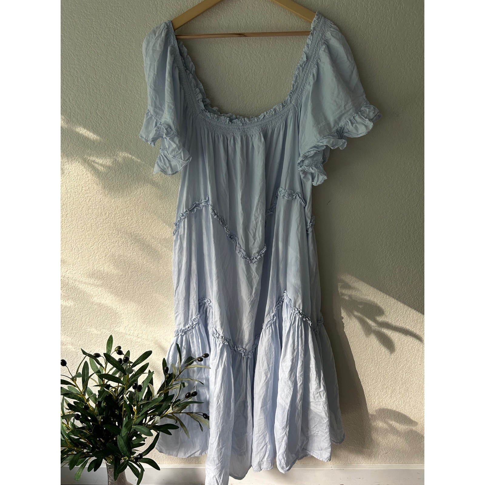 Free People Light Blue Tiered Ruffle Cotton Midi Dress Square Neck Large