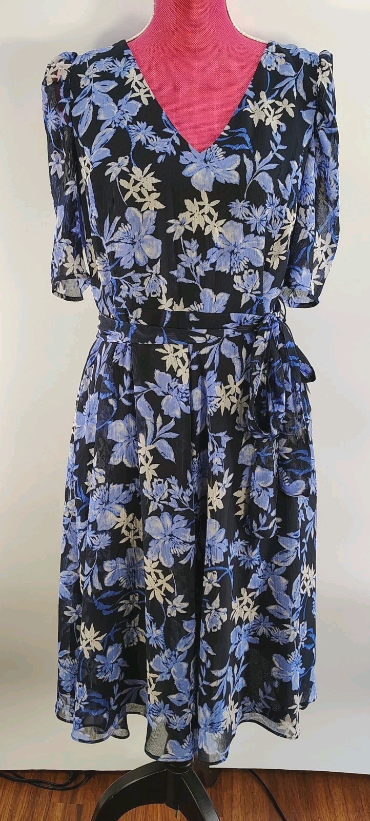 Harper Rose Women’s Dress Knee Length Blue Floral balloon sleeves V-neck Sz 12