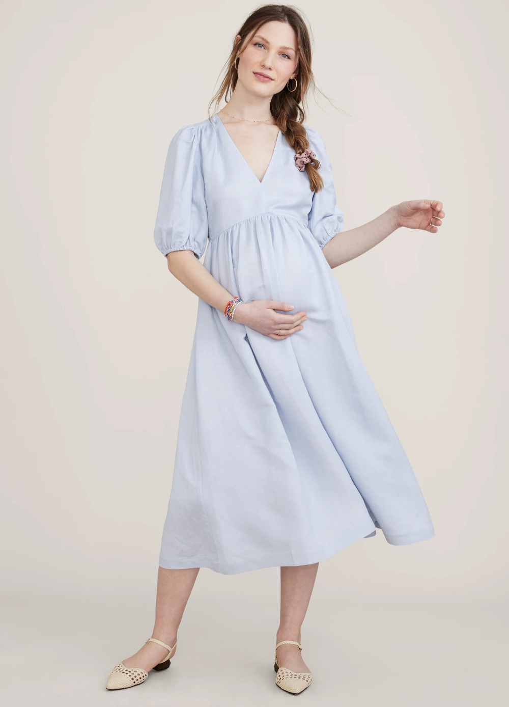 Hatch Maternity Women’s THE NIKKI DRESS Breeze Blue Linen/Viscose $258 NEW