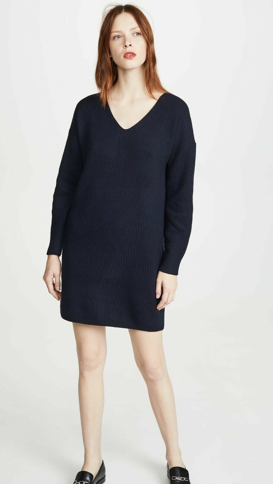 MADEWELL Navy Drop Shoulder Relaxed Long Sleeve V-Neck Sweater Dress S = 4/6