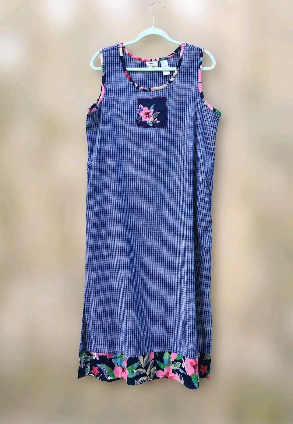 Napa Valley Petites Blue Gingham Floral Embroidered Sleeveless Shift Dress Large
