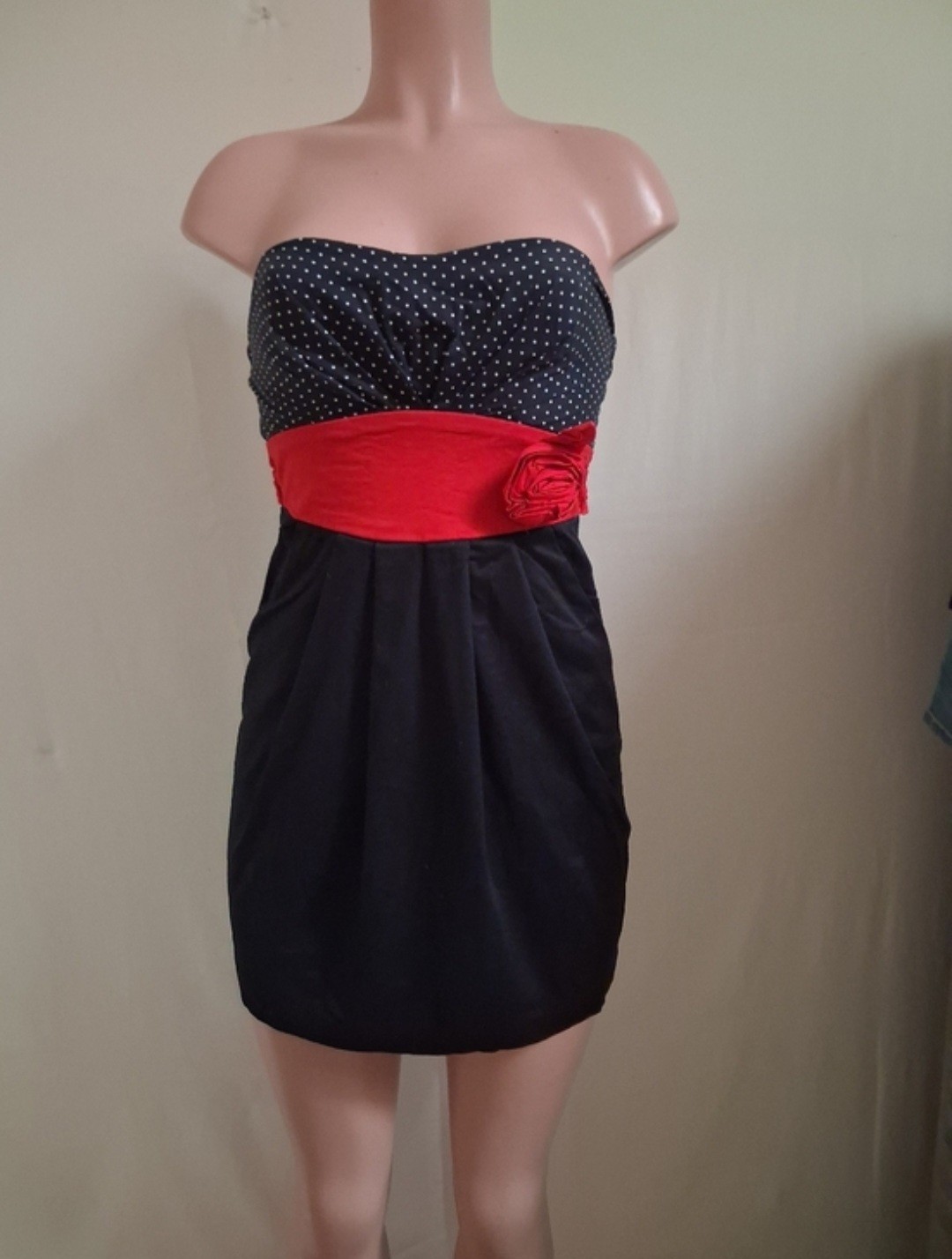 Trixxi Strapless Sweetheart Polka Dot Belted Mini Dress Black Red Size 3