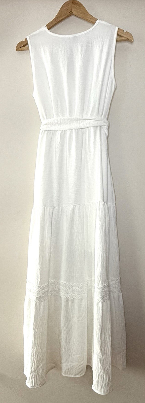 NWOT Shein Size Small White Tiered Solid Lace Casual Maxi Dress Sleeveless Belt