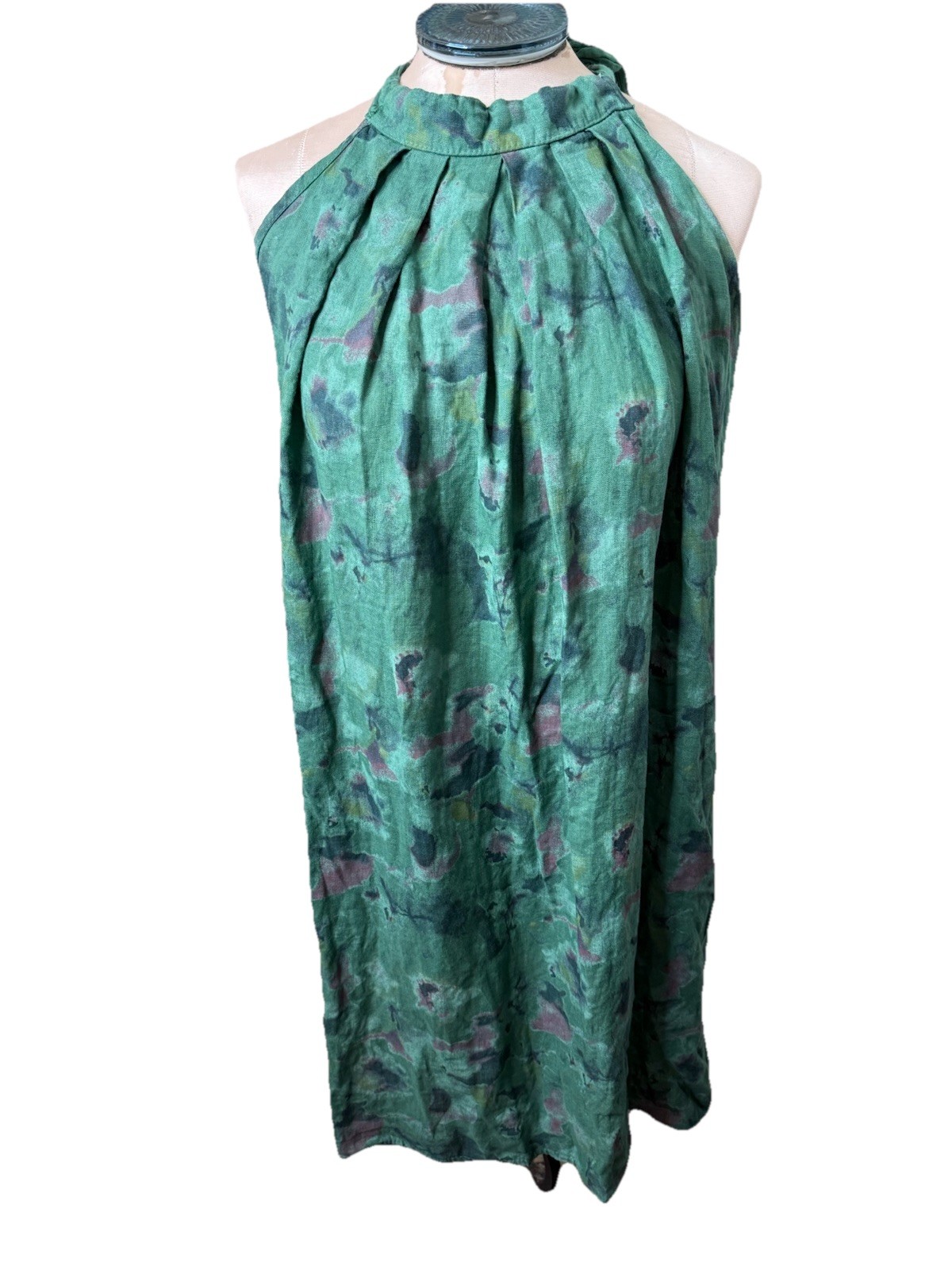 Lagenlook Italian Linen Dress L Abstract Watercolor Halter Beachy Euro Resort