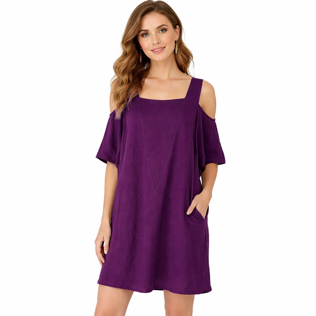 Soft Surroundings Dress Size L Purple Cold Shoulder Oversized Dolman Linen Blend