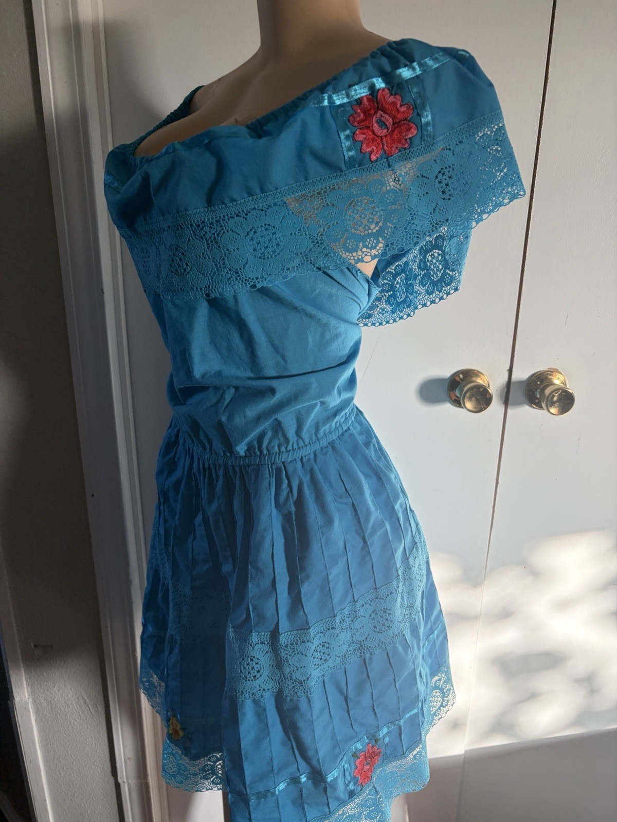 Blue Floral Off Shoulder Lace Embroidered A-Line Knee Dress One Size m