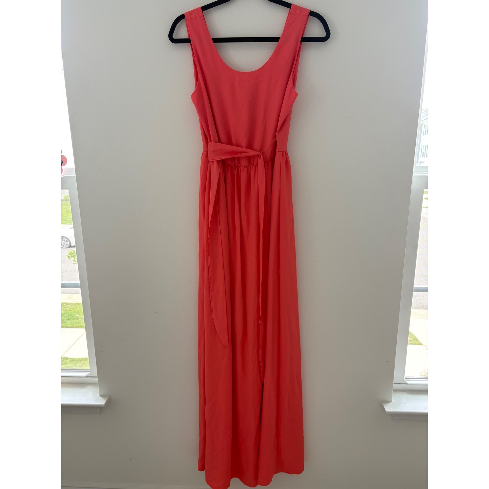 Coral Pink Size Small Sleeveless Scoop Neck Maxi Dress with Tie Waist Belt Long