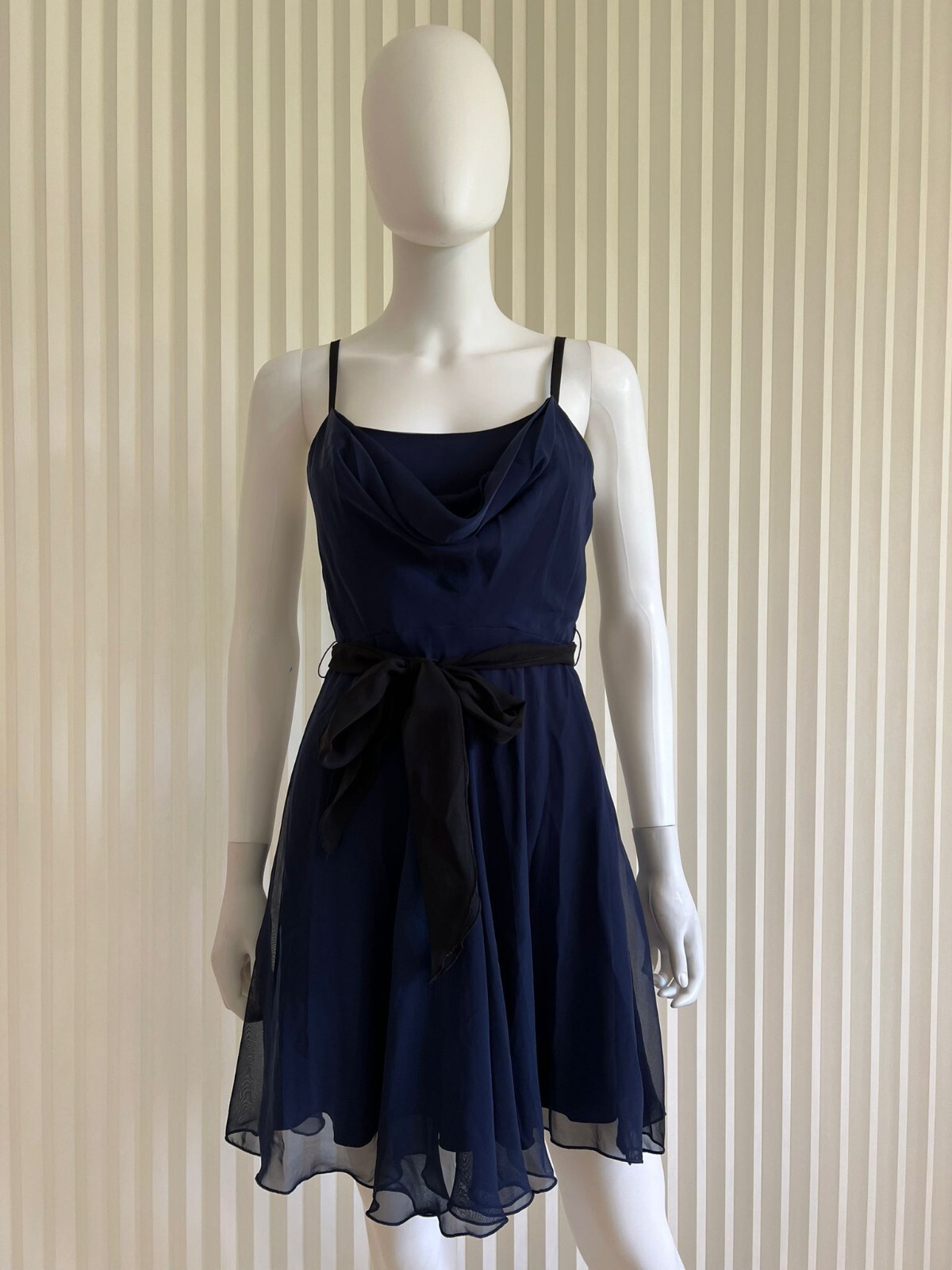 Johnny Martin Women’s Dress Blue Black Belt Spaghetti Strap Fit and Flare Sz 3