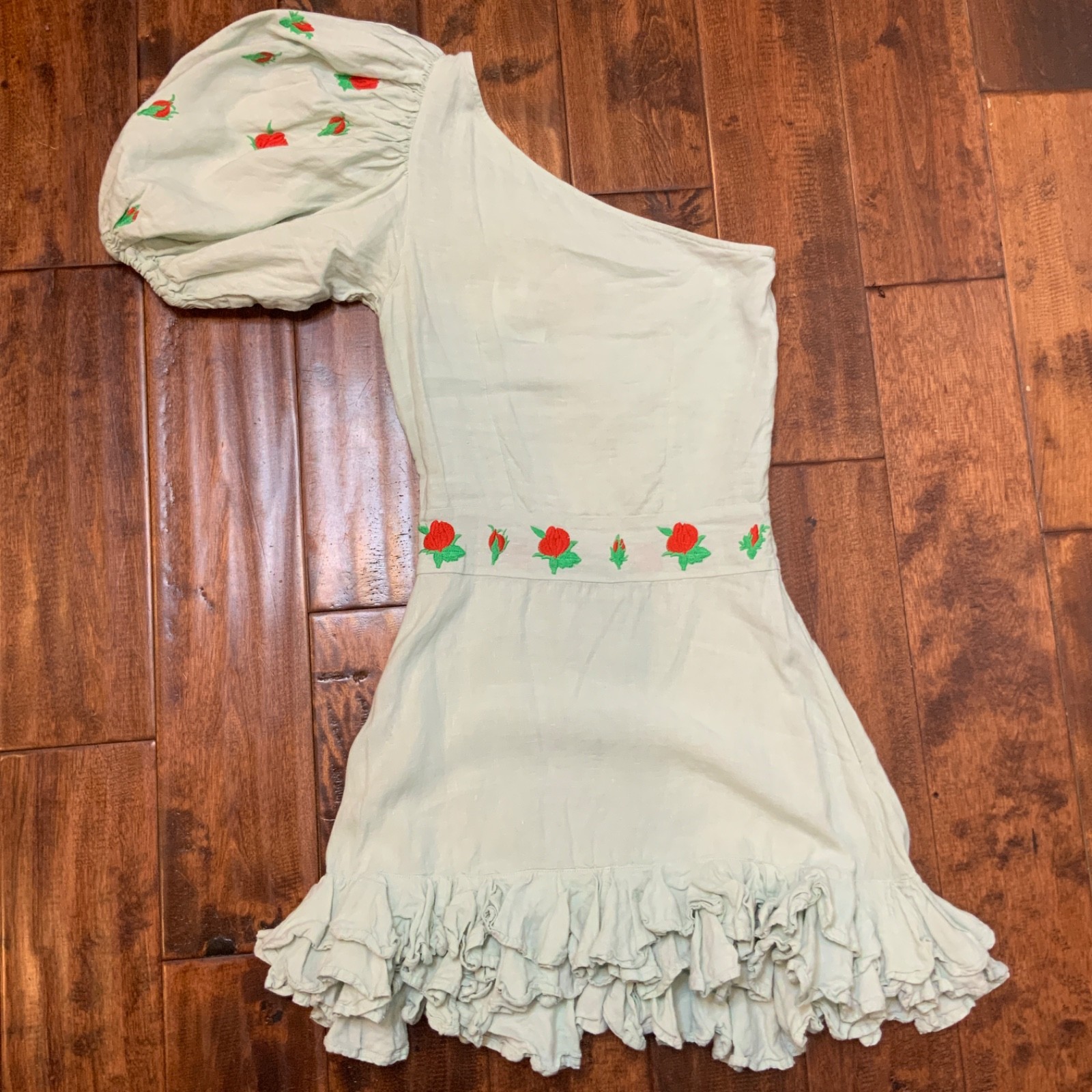 Fanm Mon Light Blue Rose Embroidered Puff Sleeve One Shoulder Flame Dress Sze XS