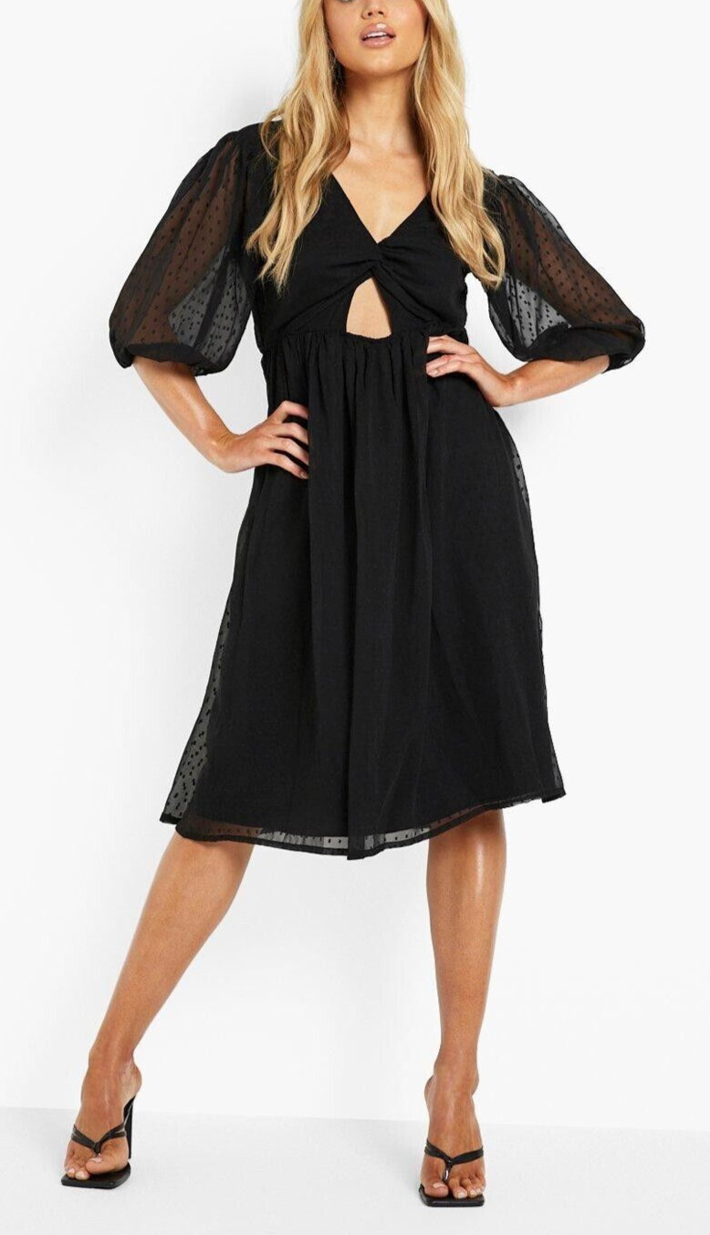 BOOHOO Black Dobby Mesh Twist Front Midi Dress Cut out Lined Size US 10 NWT