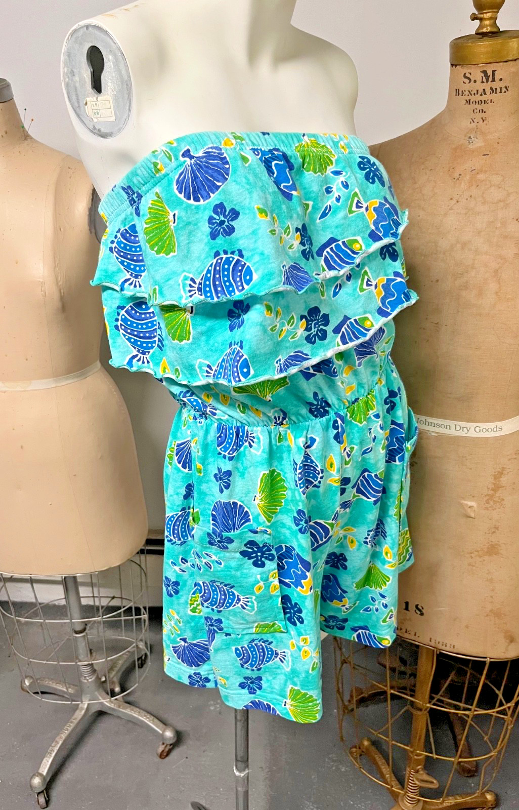 Vintage 1950s Style Summer Aquarium Print Cotton Romper Jumper Dress Bust 34-35