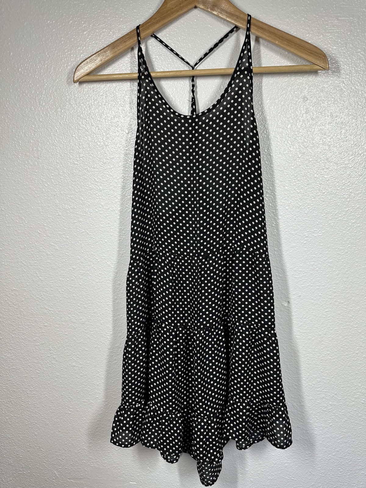 En Creme Dress Womens Medium Black White Polka Dot Tiered Ruffle Strappy Boho