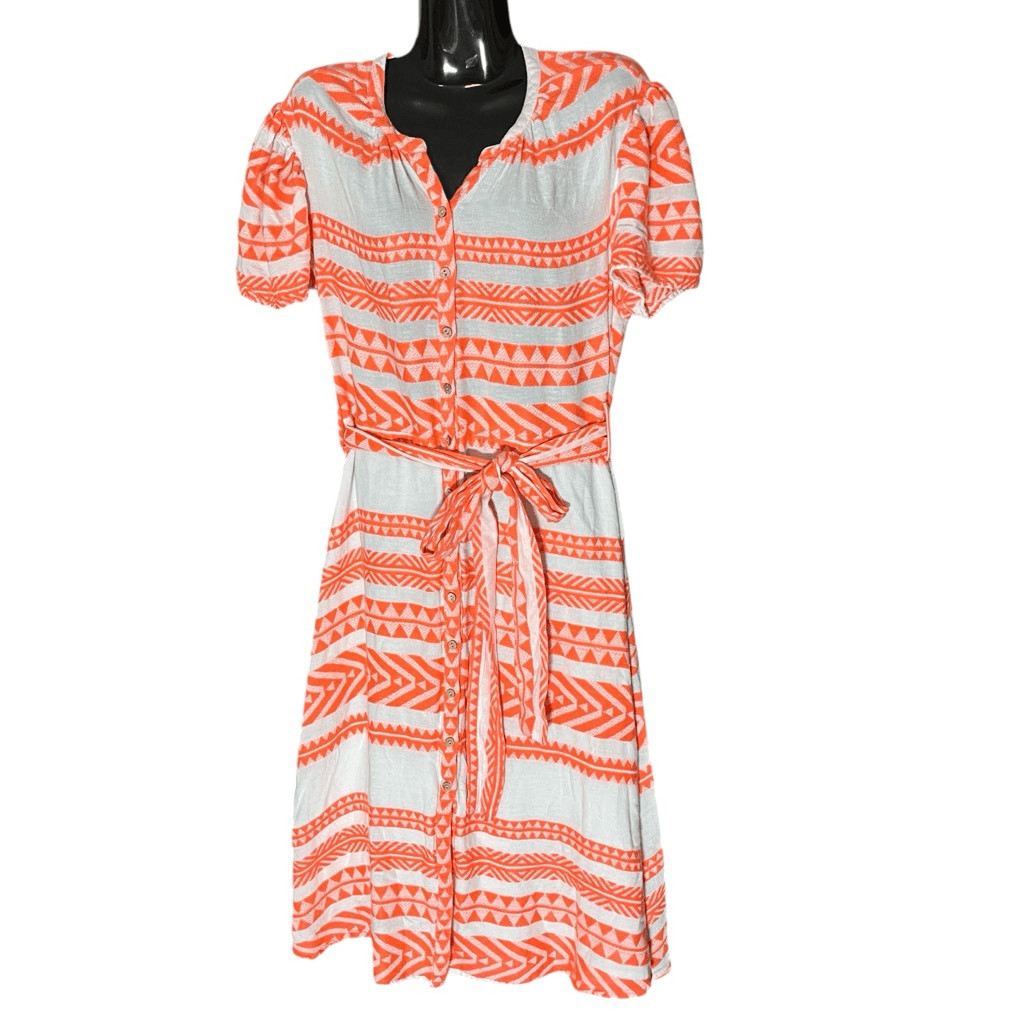DRA Sera Orange & White Aztec Print Button Down Lined Short Sleeve MIDI Dress Sz