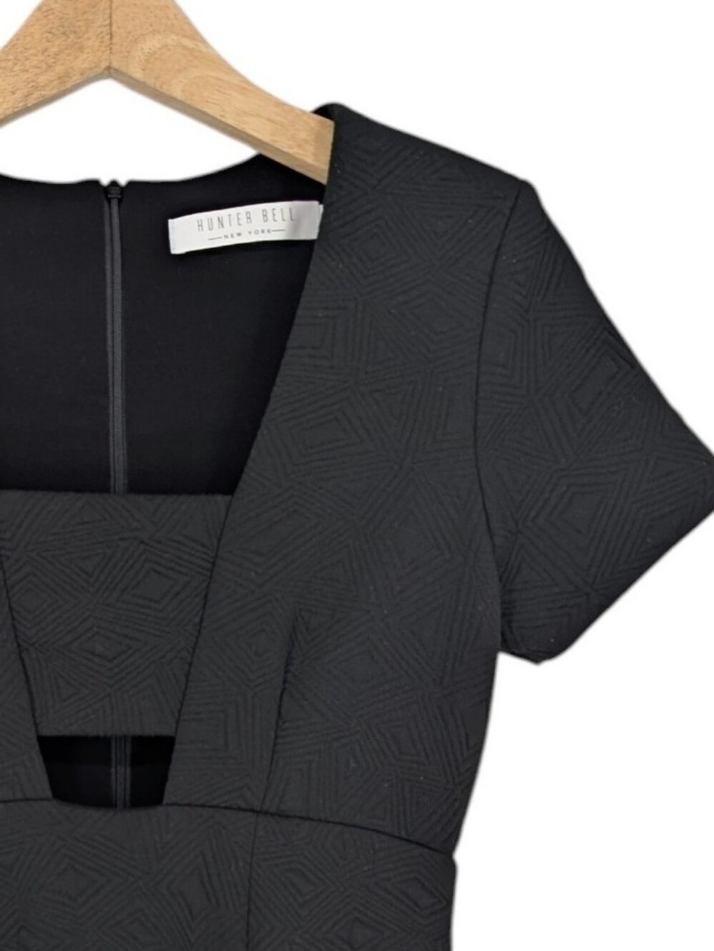 Hunter Bell Black Mini Dress Fit and Flare Geometric Quilted Cutout 6 LBD
