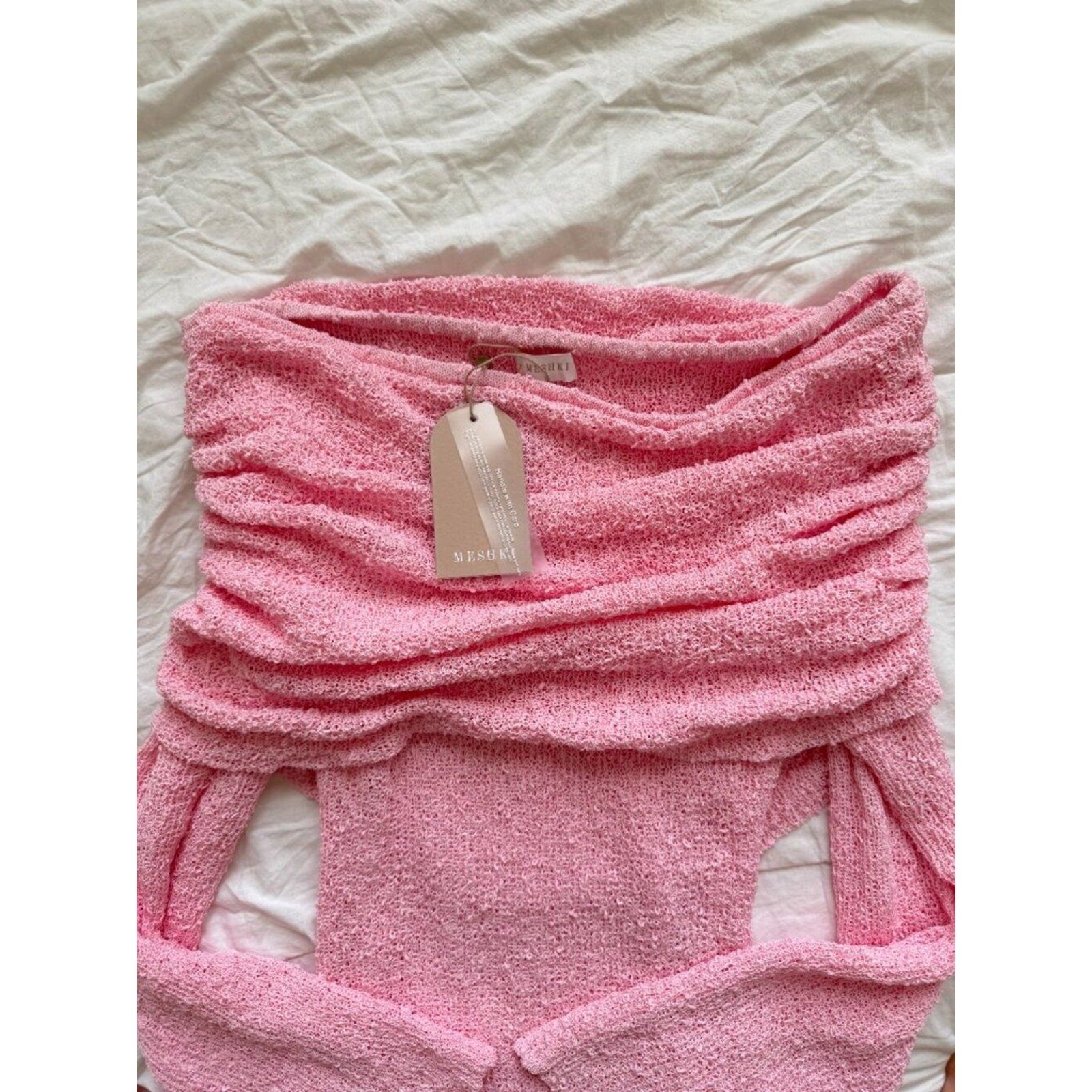 MESHKI Marisol Baby Pink Off Shoulder Boucle Mini Dress XL NWT
