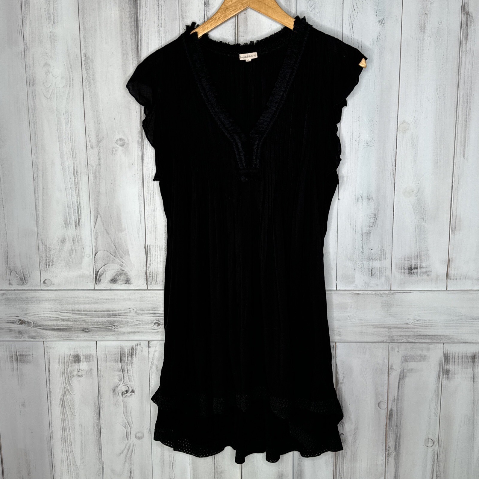 POUPETTE ST BARTH BLACK CROCHET SASHA PLEATED FLUTTER SLEEVE BOHO MINI DRESS S