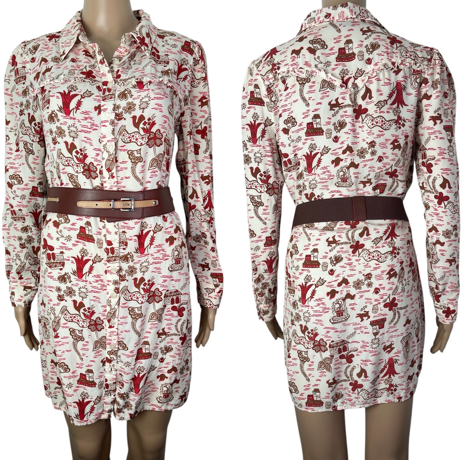 ModCloth Floral Print Cream Brown Button Up Short Shirt Dress Tunic Size Small
