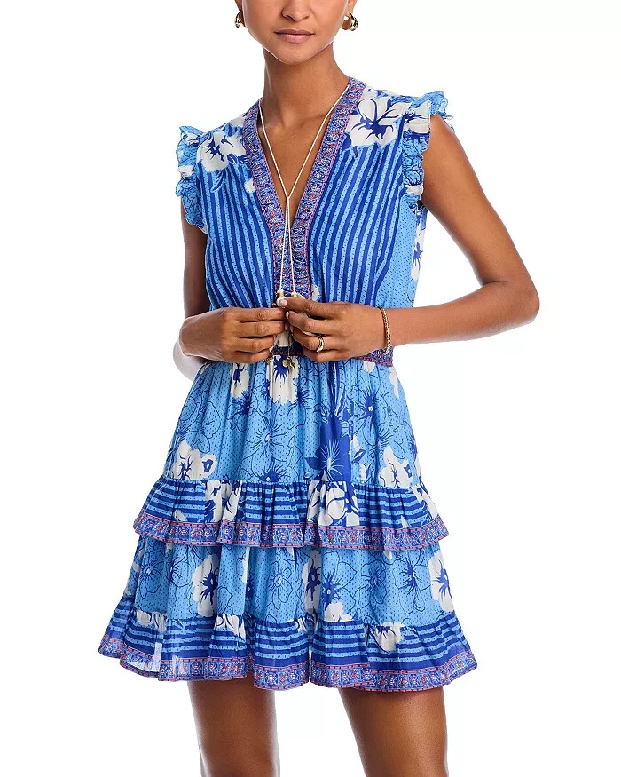 Bell L70502 Womens Blue Olivia Floral Print V-Neck Mini Dress Size L