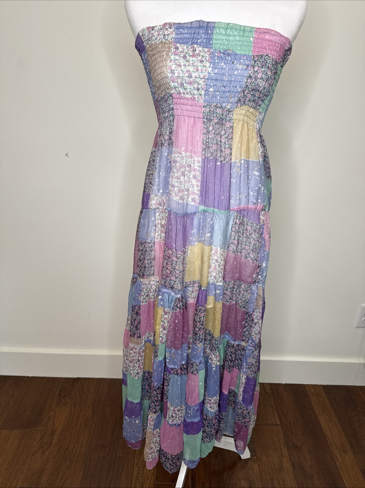 Patchwork Maxi Midi Silk Strapless Smocked Dress Coastal Grandma Cottage Boho S