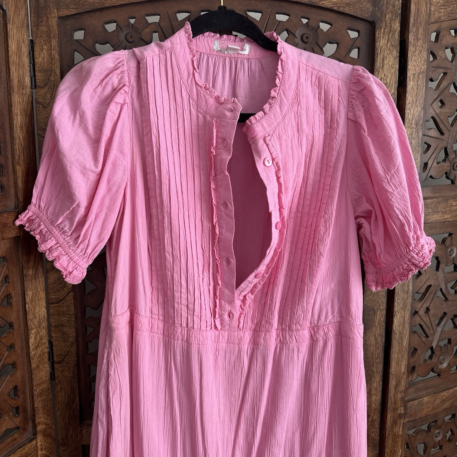 Pink Cotton Maxi Dress Puff Sleeves Ruffle Pleated Button High Neck Women