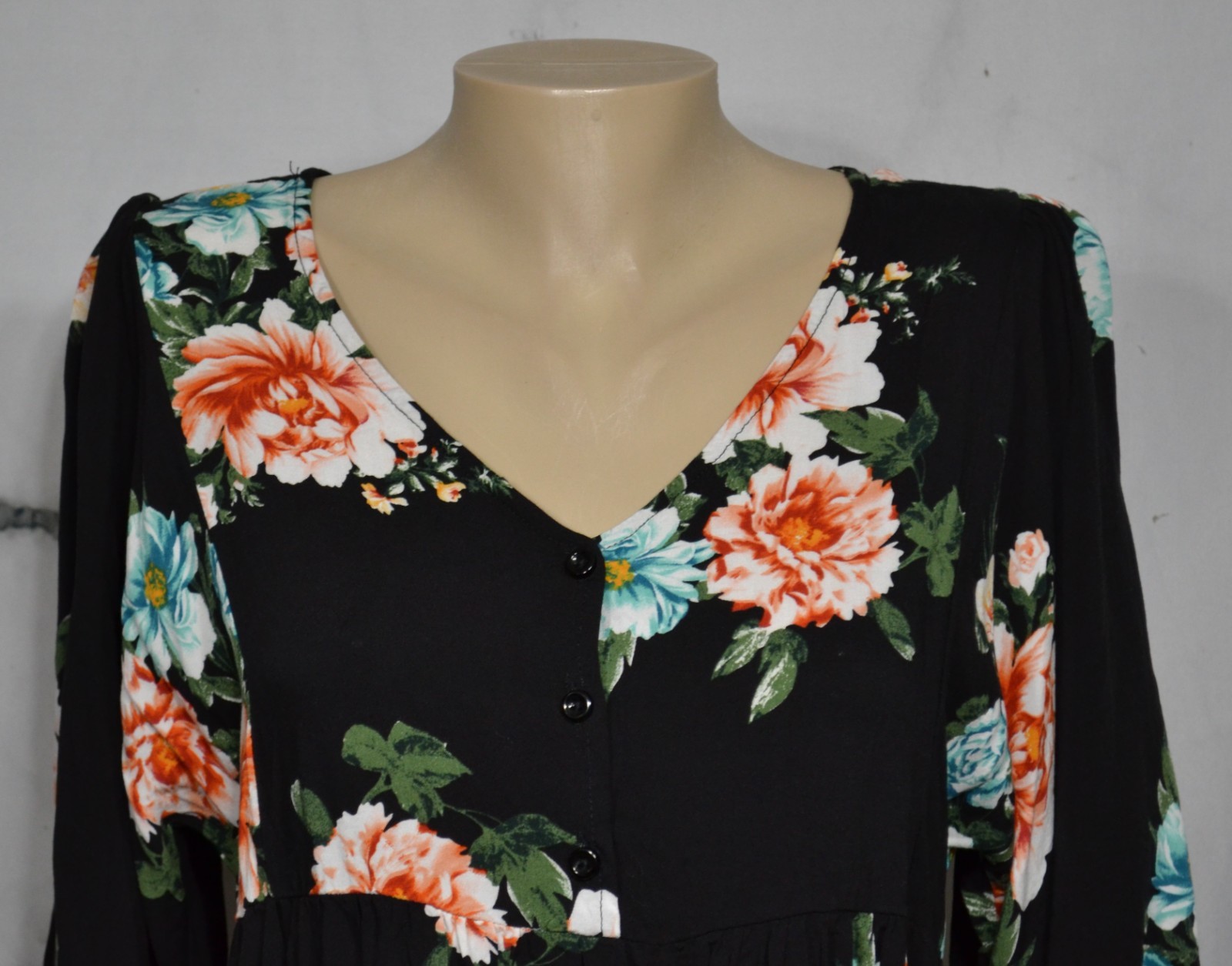 REMIXMESS Black Multicolor Floral Print Dress Tunic Medium 3/4 Sleeves Rayon