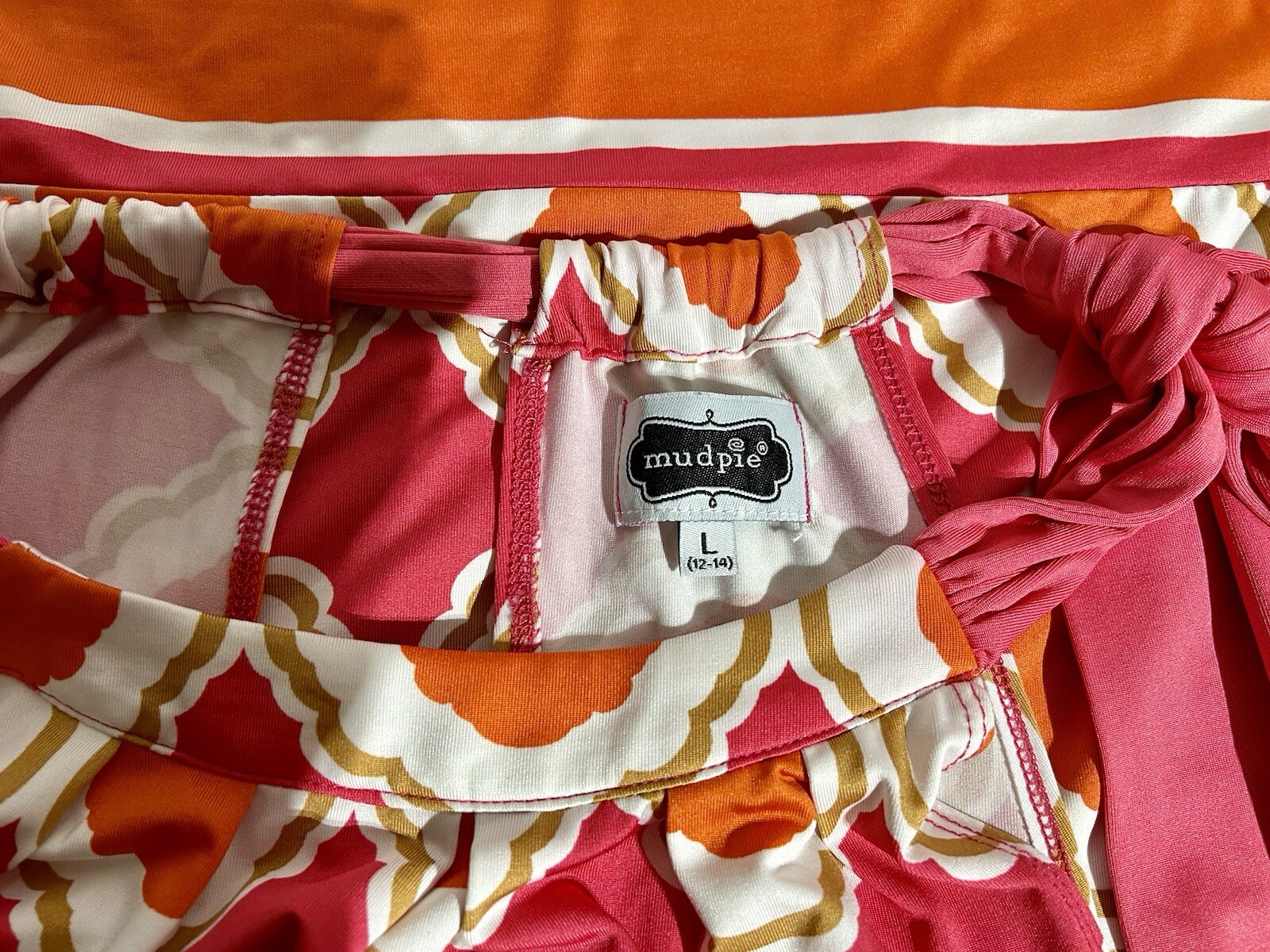 Mud Pie Halter Dress Womens Large L Pink Orange Geo Print Tie open side