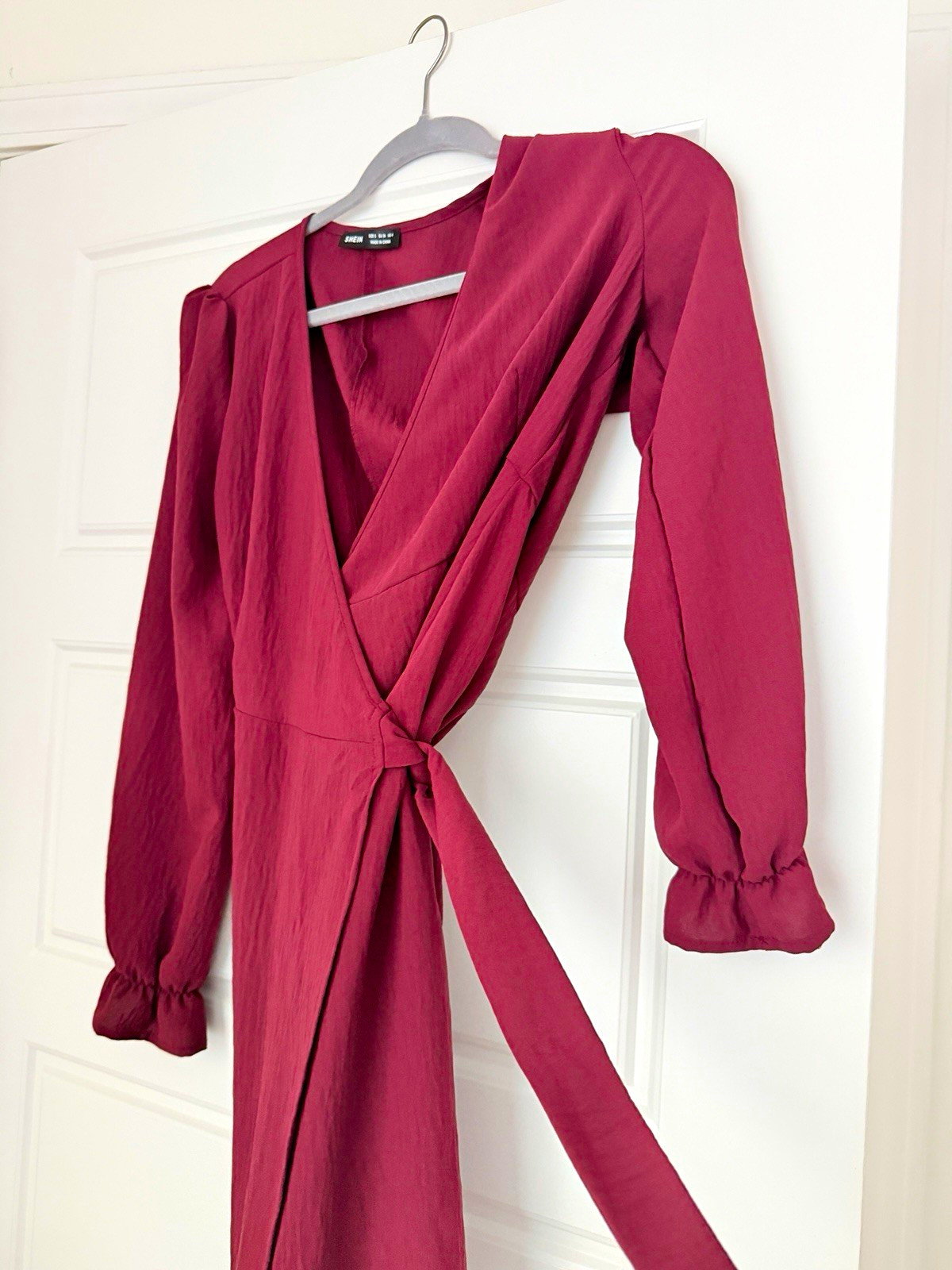 SHEIN Burgundy Solid Wrap Dress V-Neck Long Sleeve Tie Waist Short, Size S