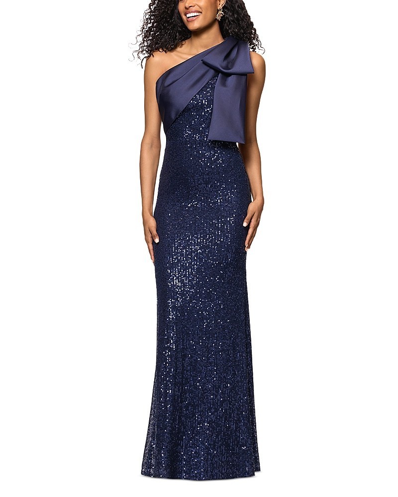 Aqua Formal Long Allover Sequined Bow Dress Women’s 12 Navy Asymmetrical Neck