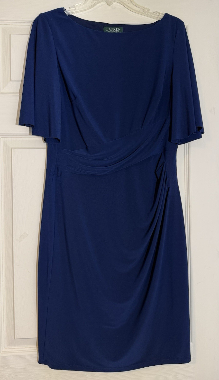 Lauren Ralph Lauren Women’s 12 Blue Boat Neck Chiffon Flutter Sleeve Sheath