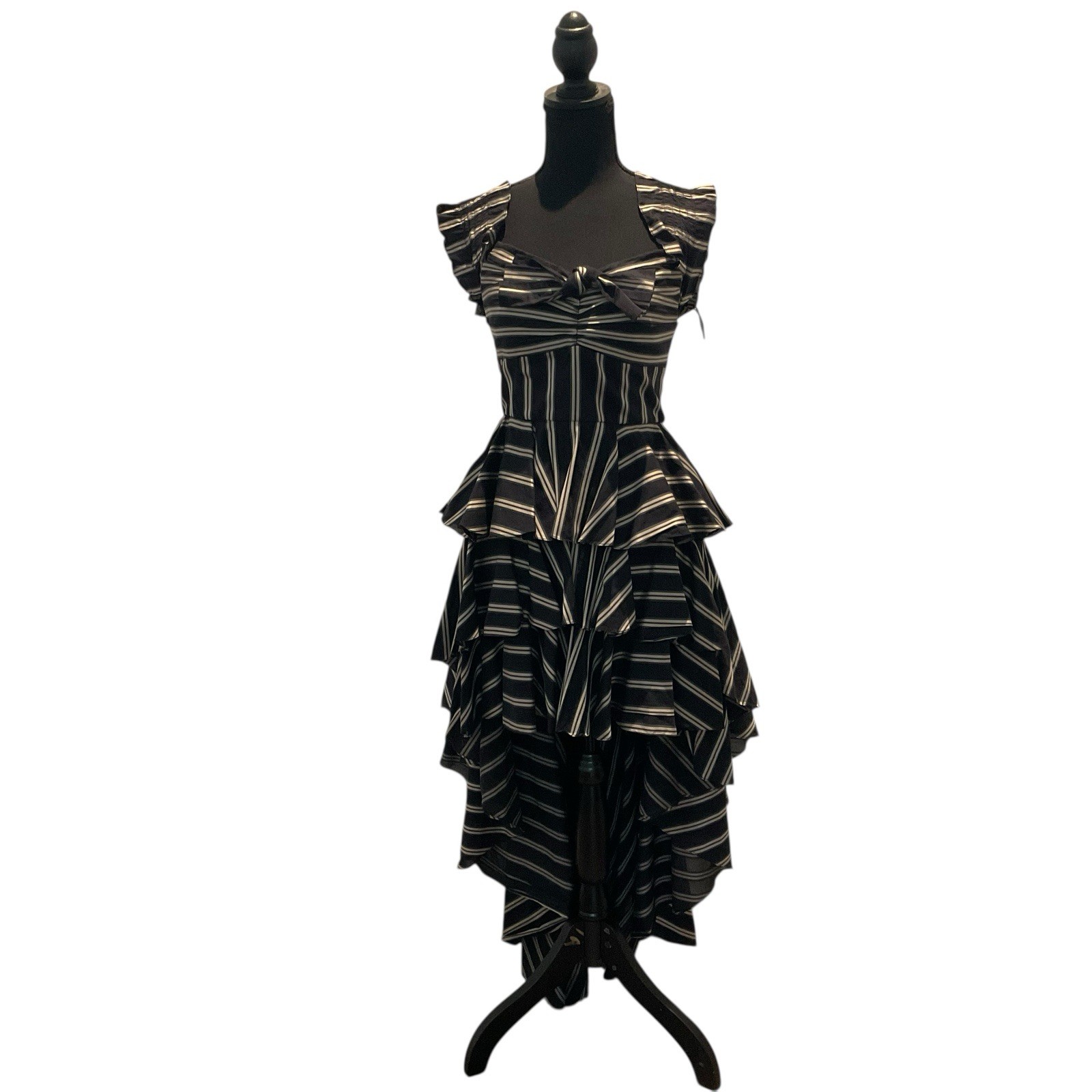 Caroline Constas Tiered High- Low Layered Dress Striped Bow Ruffle Brown Small