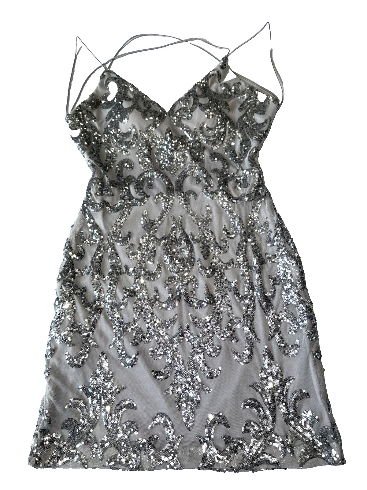 Windsor Silver Sequin bodycon Dress Nude Mesh Spaghetti Strap Party Mini