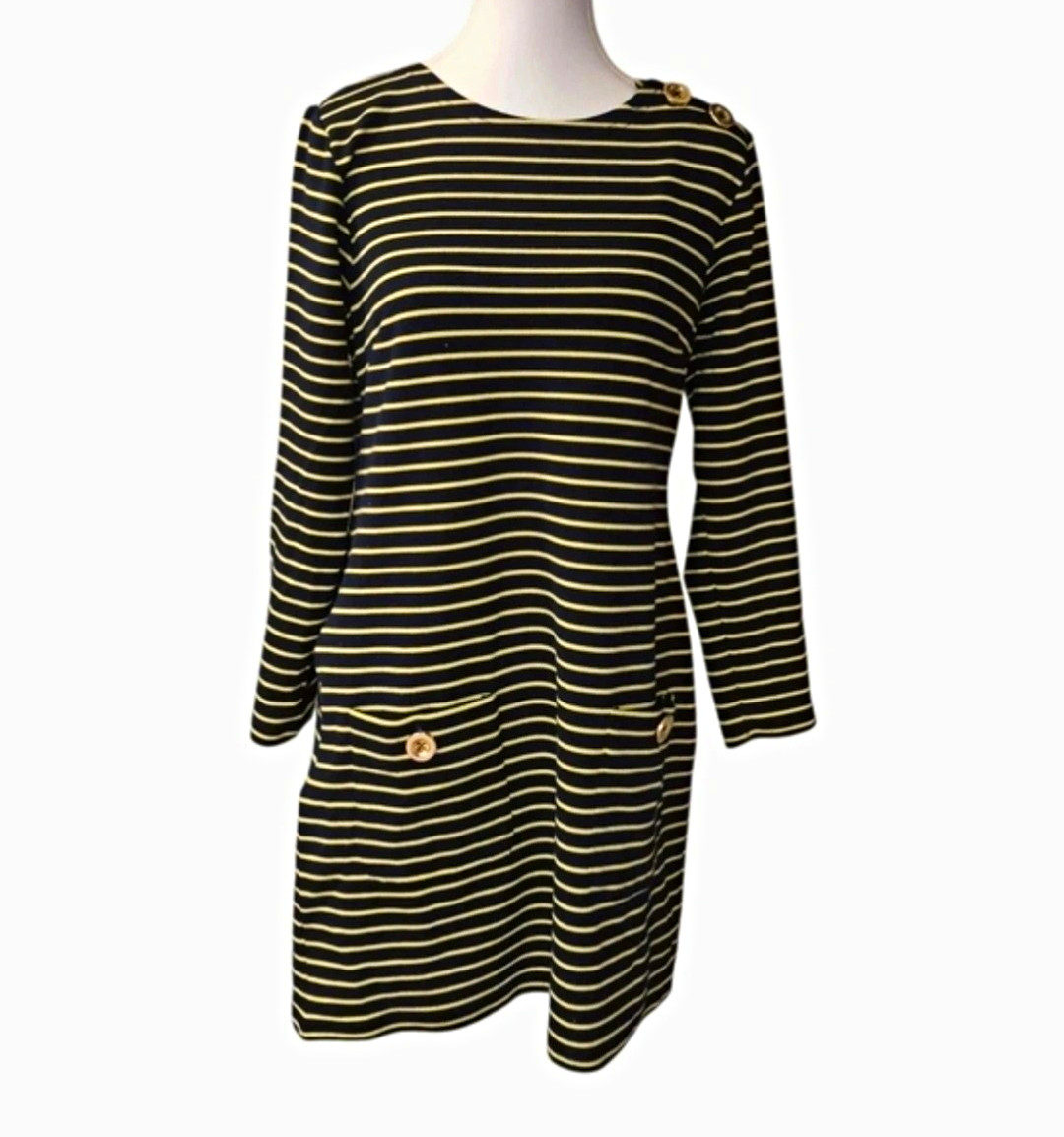 Sail to Sable Women’s Navy Yellow Striped Shift Mini Dress M Round Neck 3/4