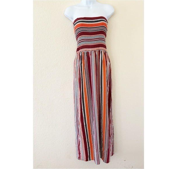 Full Circle Trends Maxi Dress Large Strapless Smocked Striped Burgundy Orange