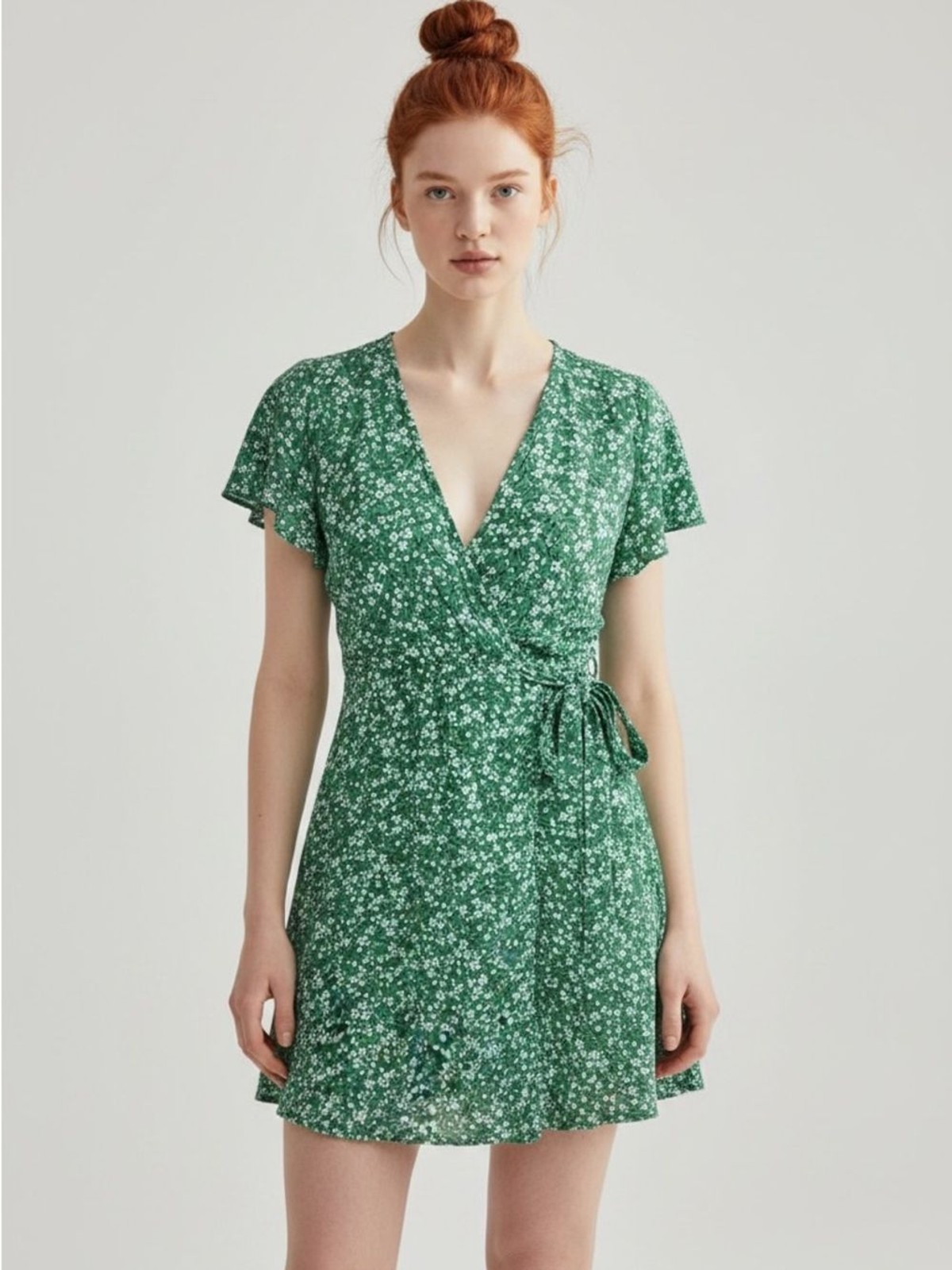 Italian Boutique Made in Italy Green Floral Faux Wrap Mini Dress. Size small