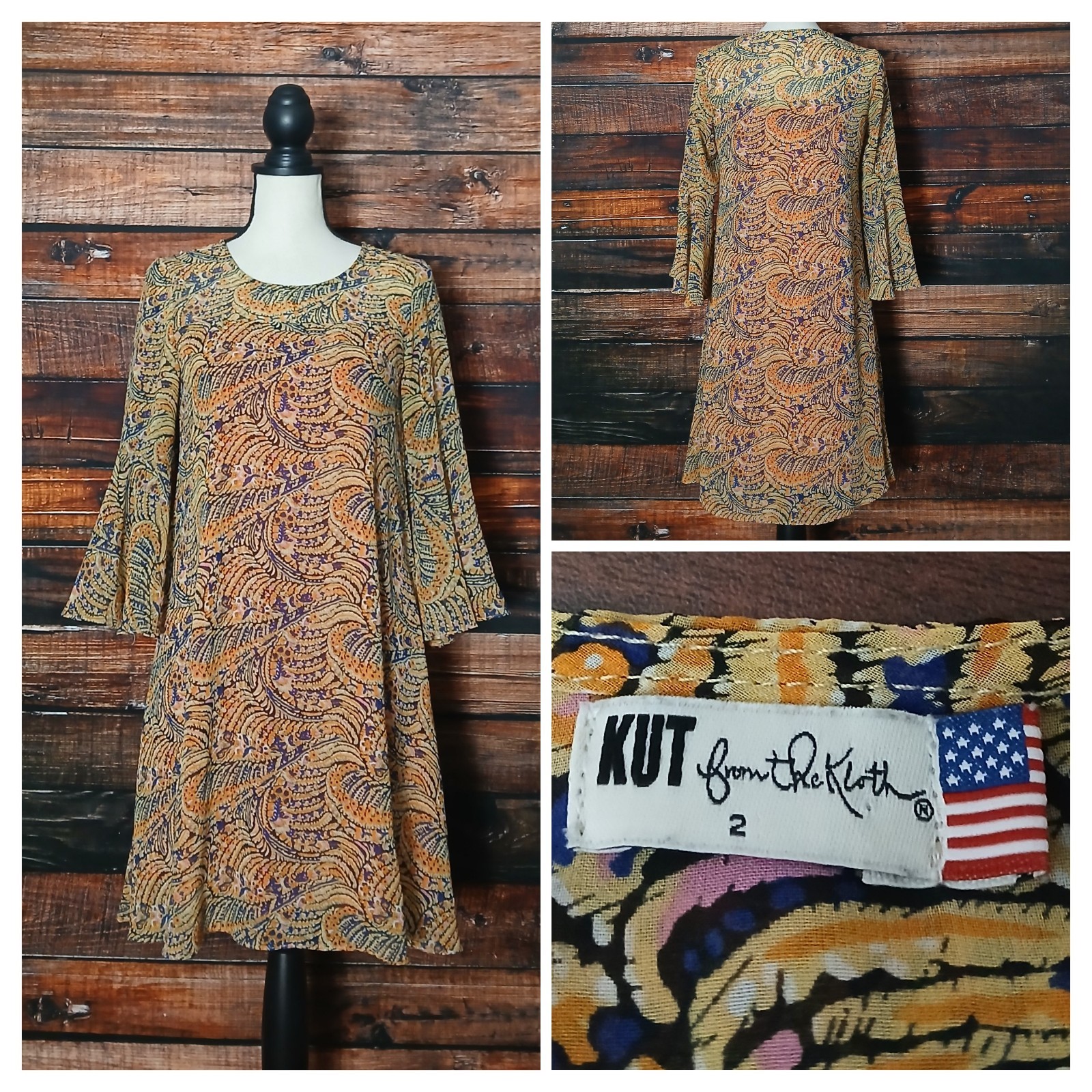 Kut From The Kloth Dress 2 Shift Gold Paisley Bell Sleeve Made In USA