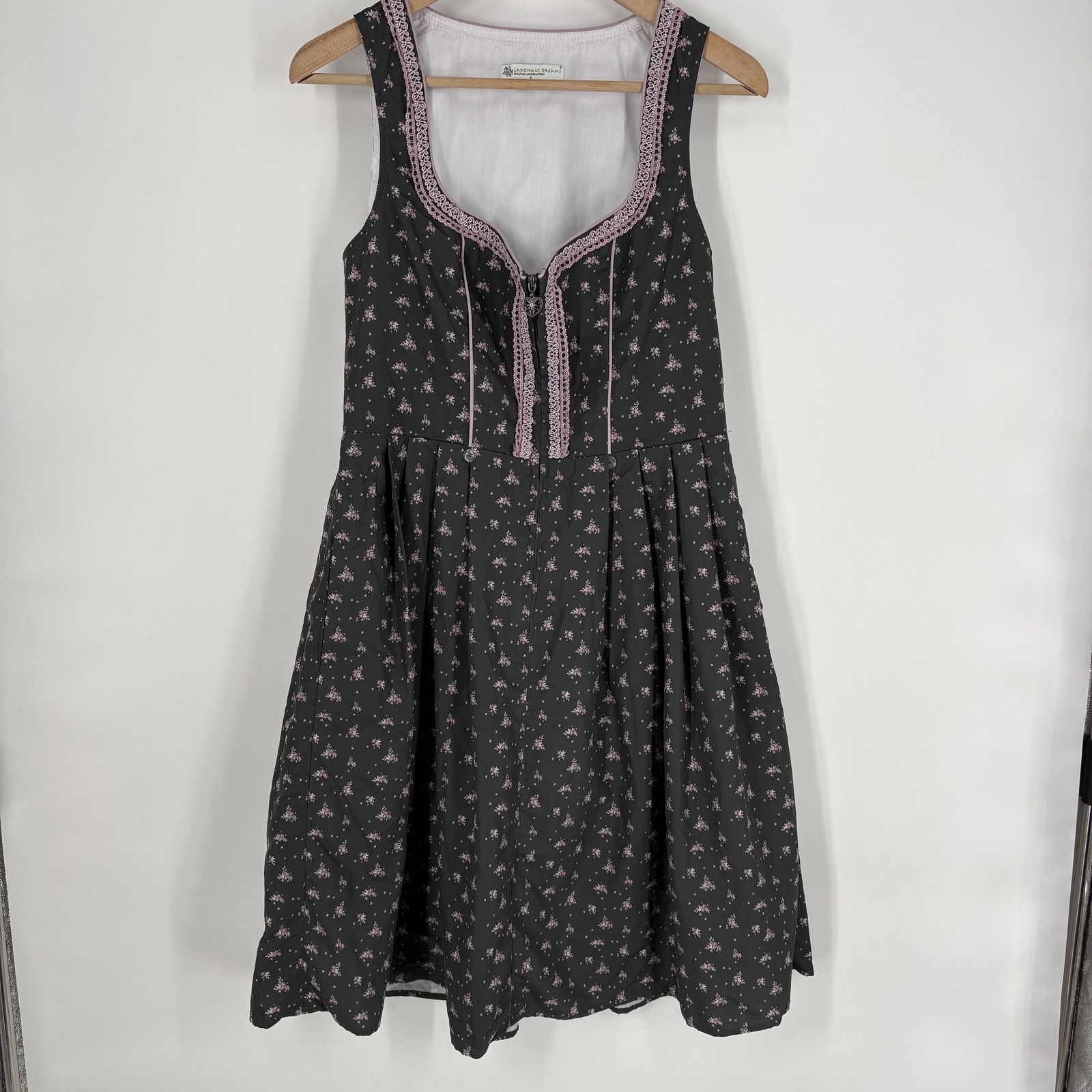 Landhaus Dreams Dress Womens Large Black Floral Square Neck Fit & Flare Dirndl