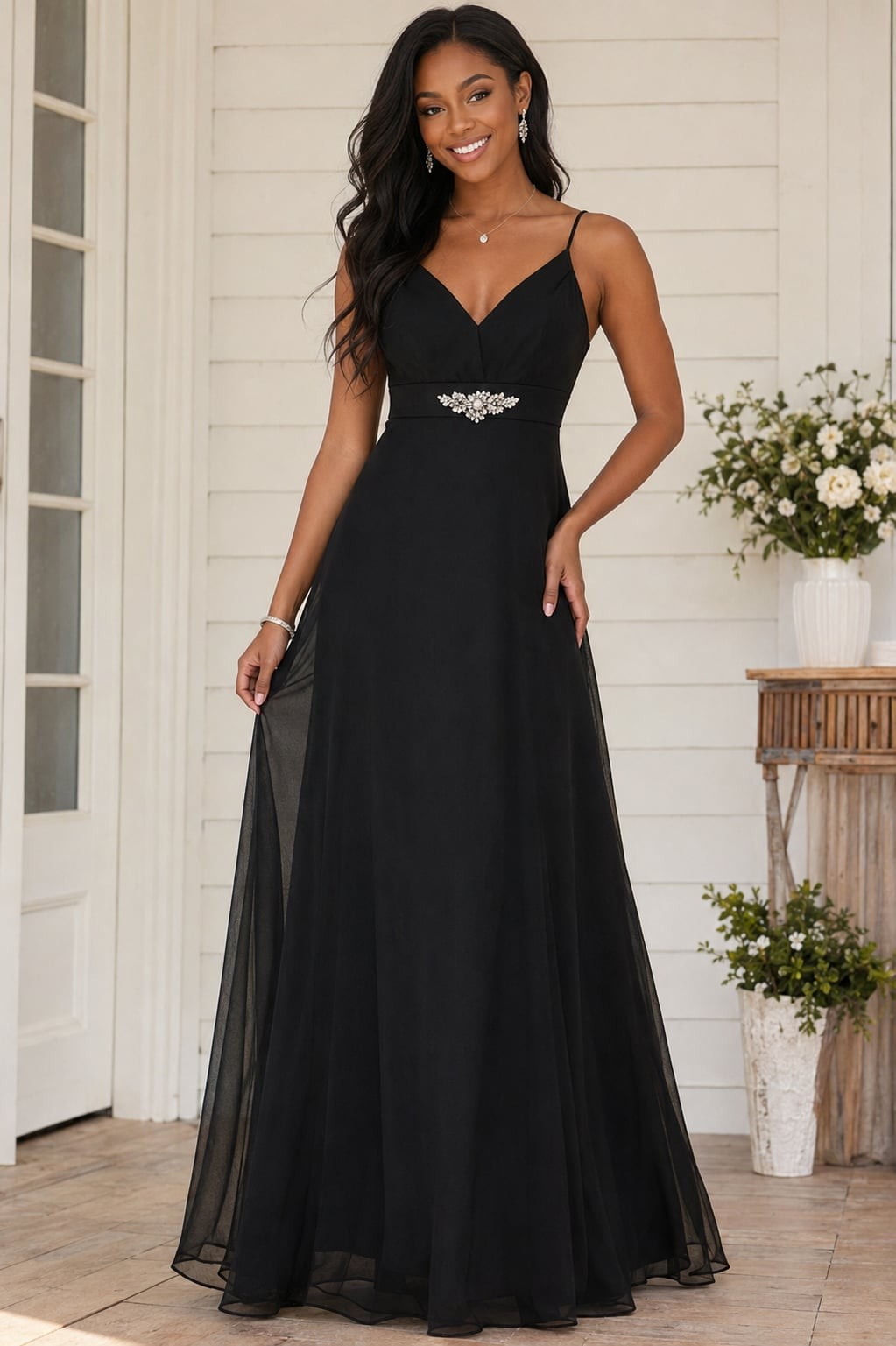 Cinderella Black Formal Gown Maxi Dress Rhinestone Empire Waist Spaghetti Strap