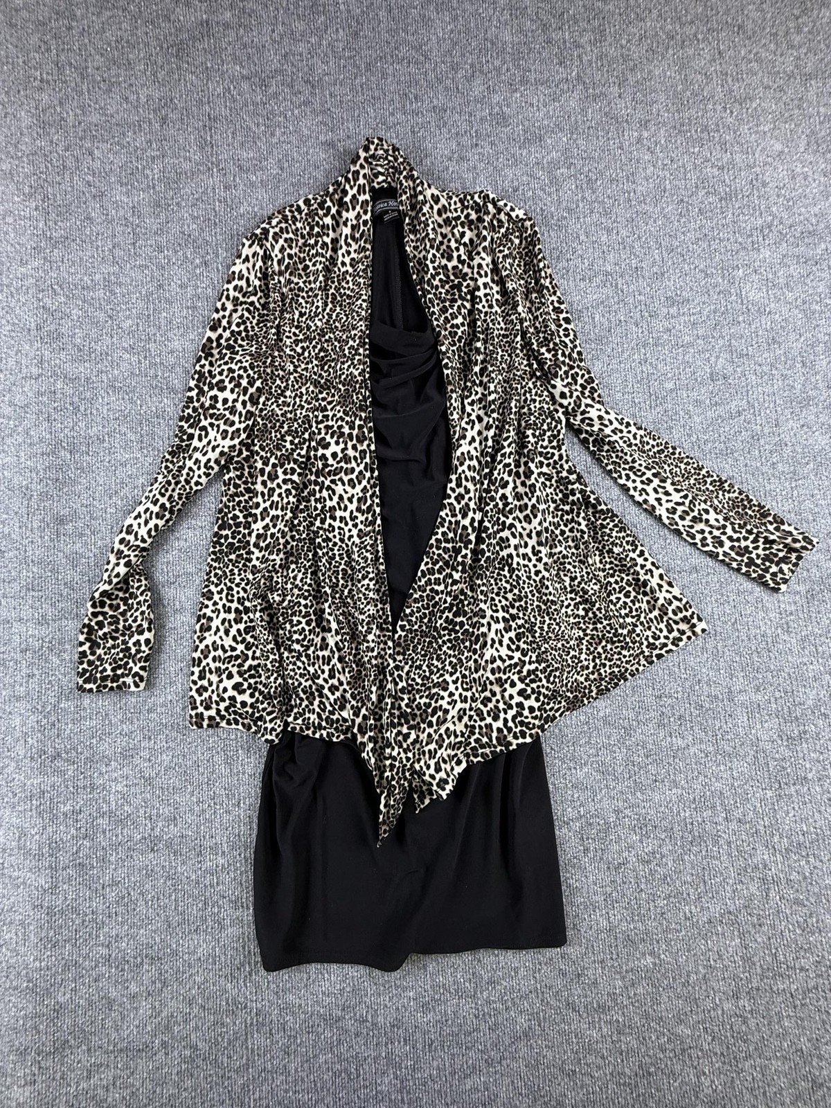 Jessica Howard Dress Womens 8 Black Leopard Cowl Neck Jacket Sheath Knee Length