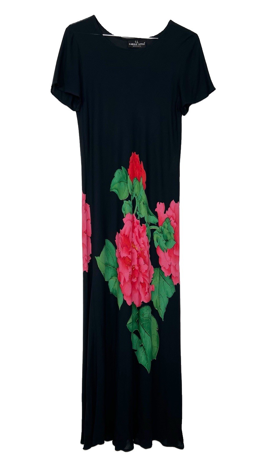 Vtg Carole Little Maxi Dress Womens Size 10 Black Floral Print Short Sleeve 90s