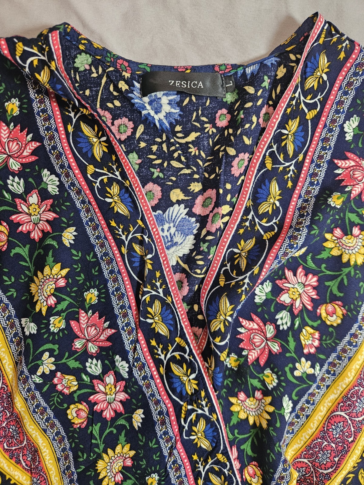 Zesica Sz L Boho Festival Maxi Wrap Dress V-Neck Navy Ditsy Floral Print Peasant