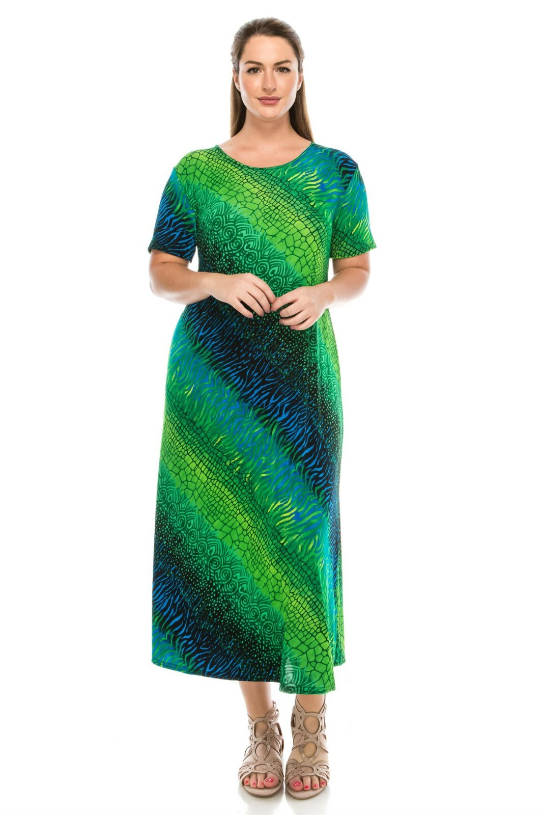 Travel Knit Dress, long A-Line, S/S, Stretchy NO-IRON poly/span. #182 g