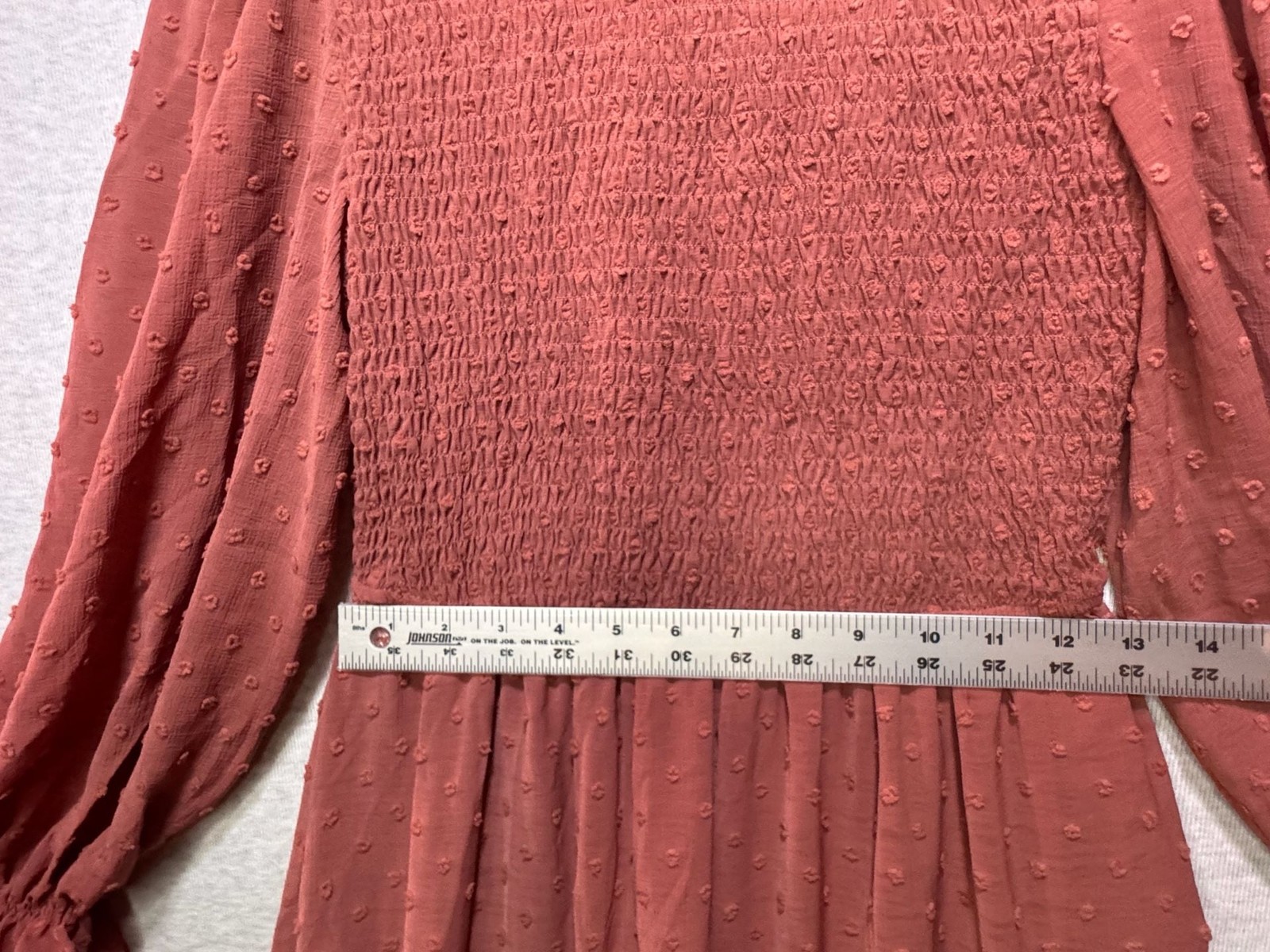 S – Lace & Lilac Long Sleeve Smocked Tiered Midi Dress in Rust