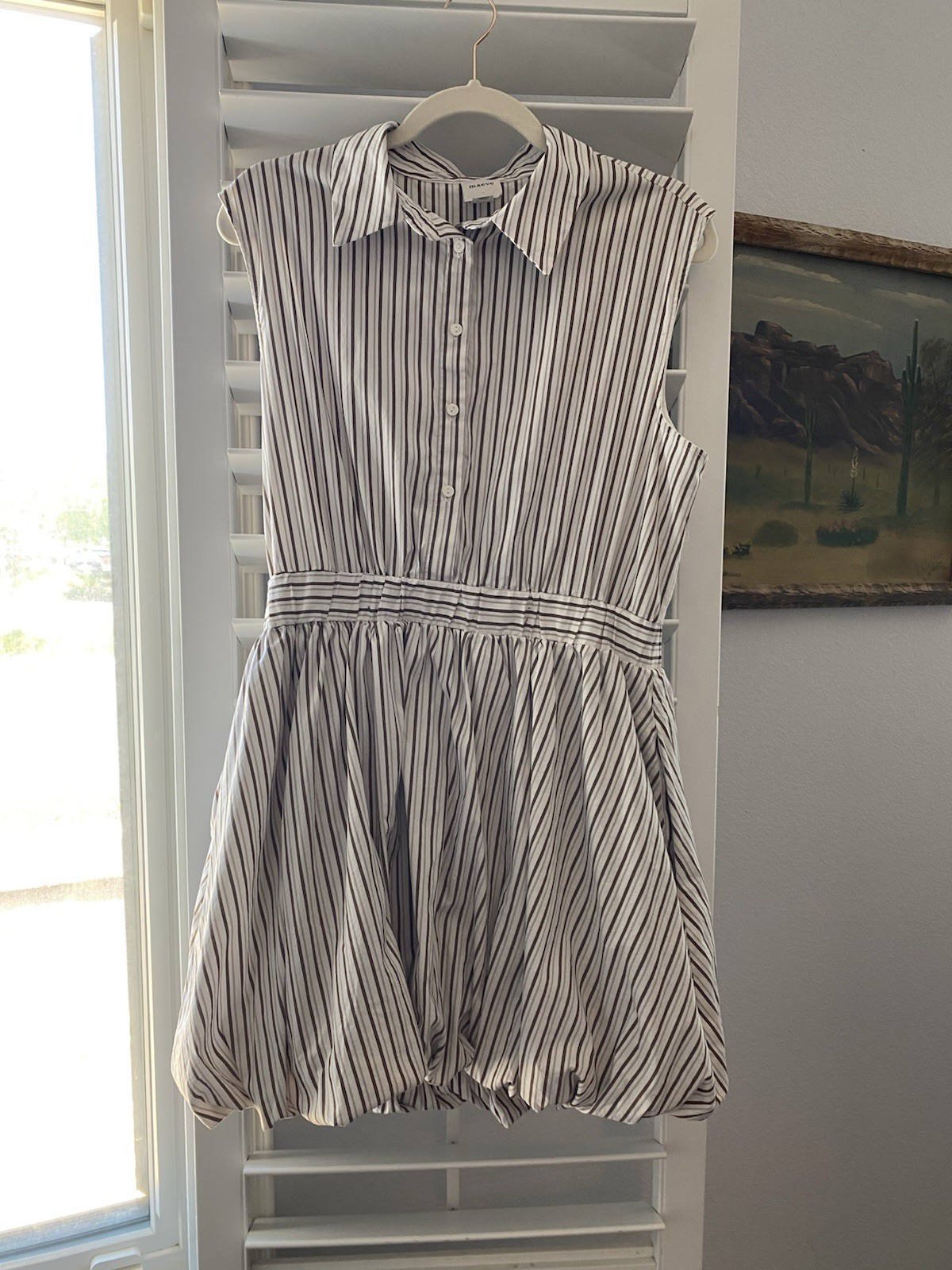 Anthropologie Maeve Brown& White Sleeveless Summer Dress with Pockets Size Large