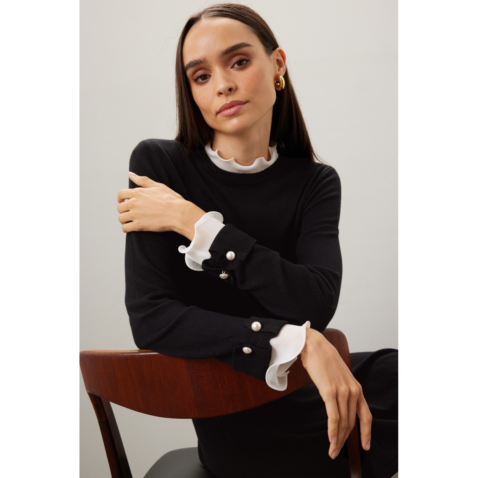 CeCe Black Knit Dress NWT Ruffle Collar Pearl Cuff Old Money Chic Minimalist