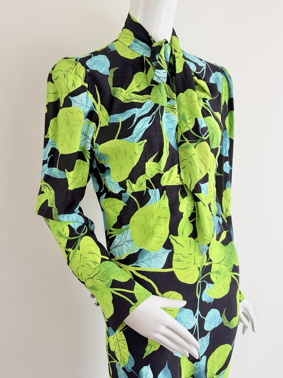 Husk Maxi Dress Green Black Leaf Rare Print Long Sleeve Pussy Bow Size AU 8 S
